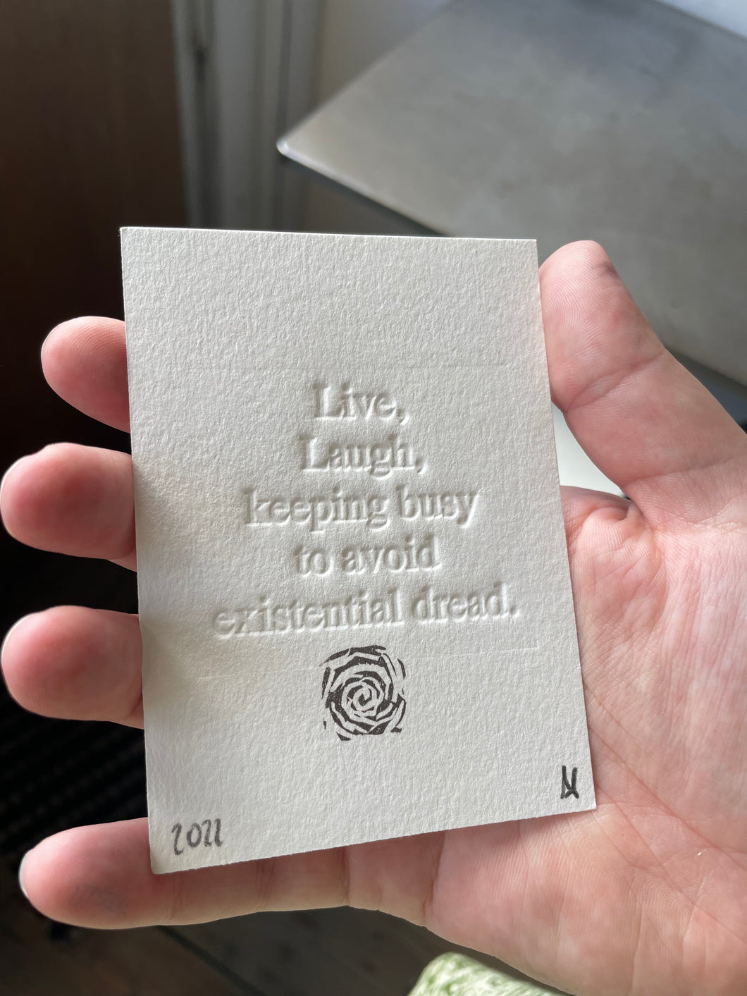 Live, laugh keeping busy to avoid existential dread embossing and Lino cut original 10cm x 8cm *SSF*