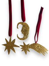 Load image into Gallery viewer, Hand Embossed Moon, Shooting Star and Star Tin Ornaments Trio
