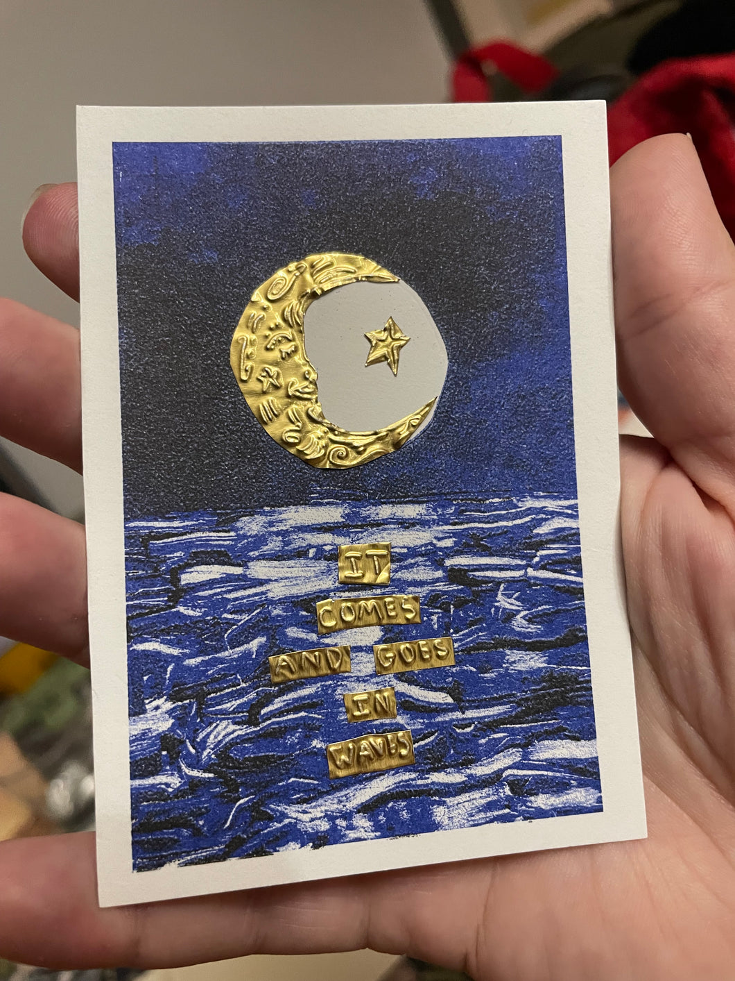 Original it comes and goes in waves Risograph and tin embossing 10cm x 8cm