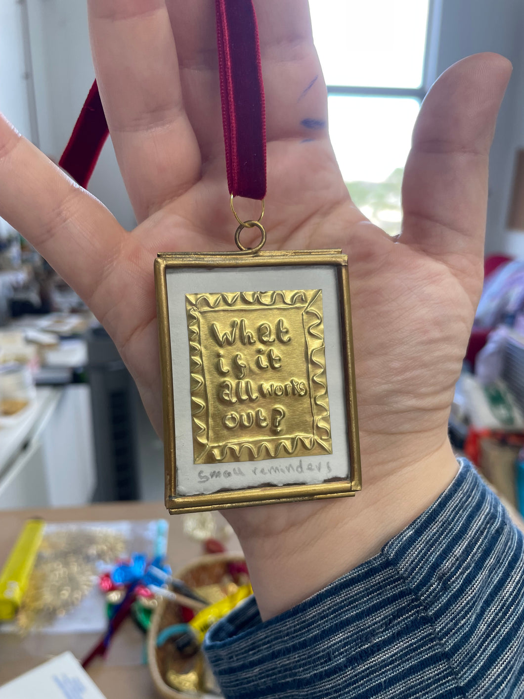 What if it all works out? Tiny tin embossing in brass frame 5cm x 7cm