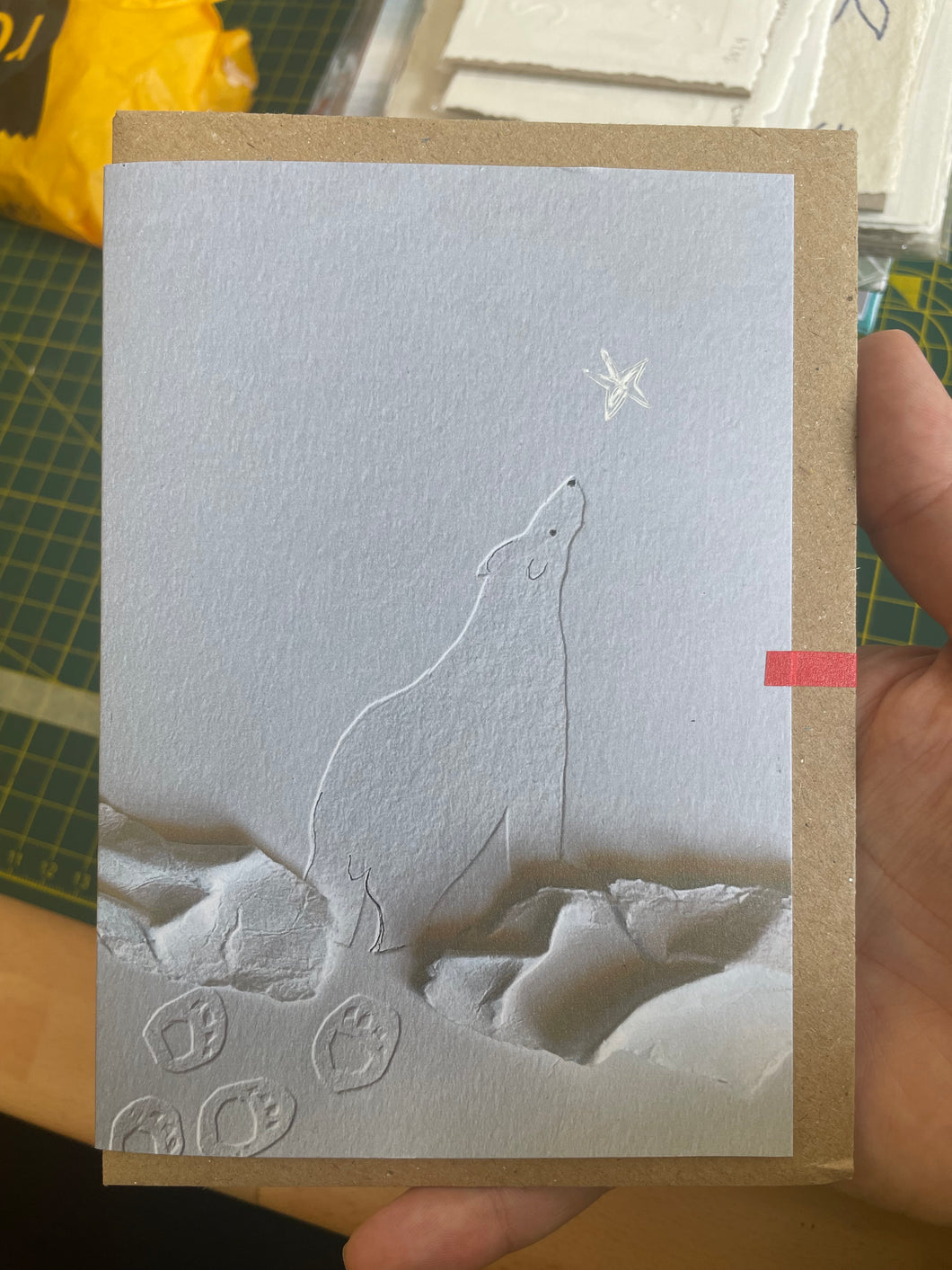 Polar Bear Embossing and Collage Xmas/Greetings Card with Hand Drawn white star A6