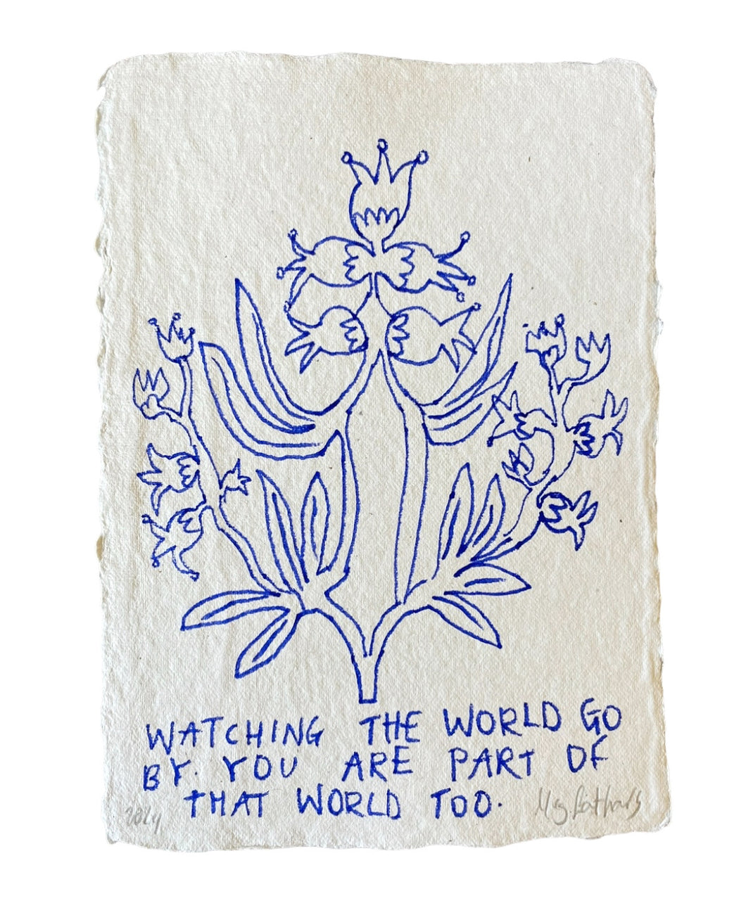 Original Ink Drawing Flower on handmade paper - watching the world go by. You are part of that world too
