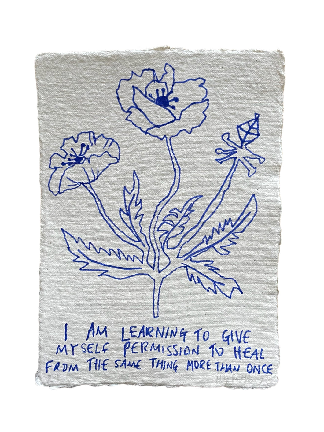Original Ink Drawing Flower on handmade paper - I am giving myself permission to heal from the same thing more than once