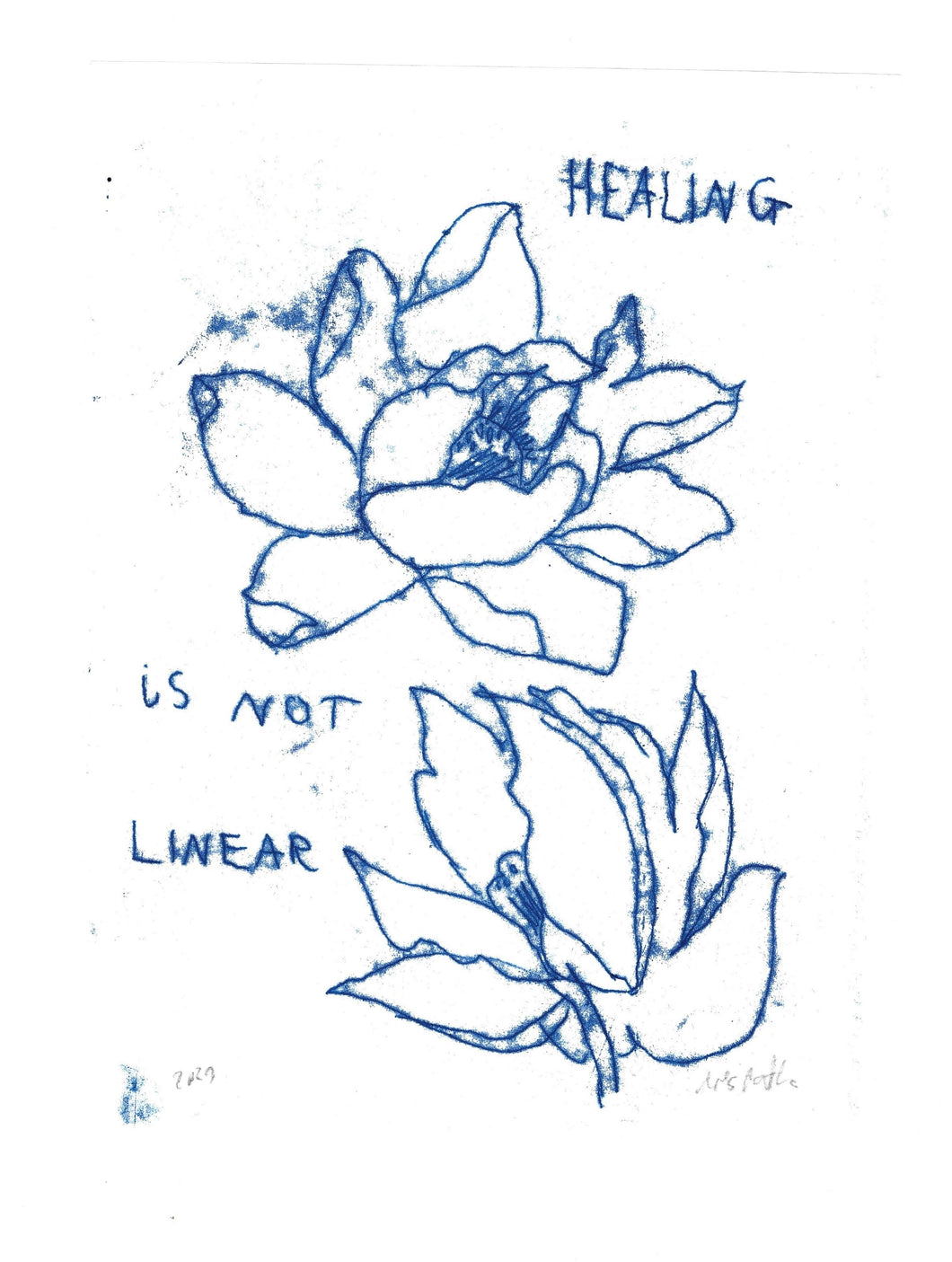 Original Monotype Drawing on Japanese Paper Healing is not Linear