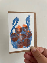 Load image into Gallery viewer, Oranges in Net Bag Risograph Greetings Card A7
