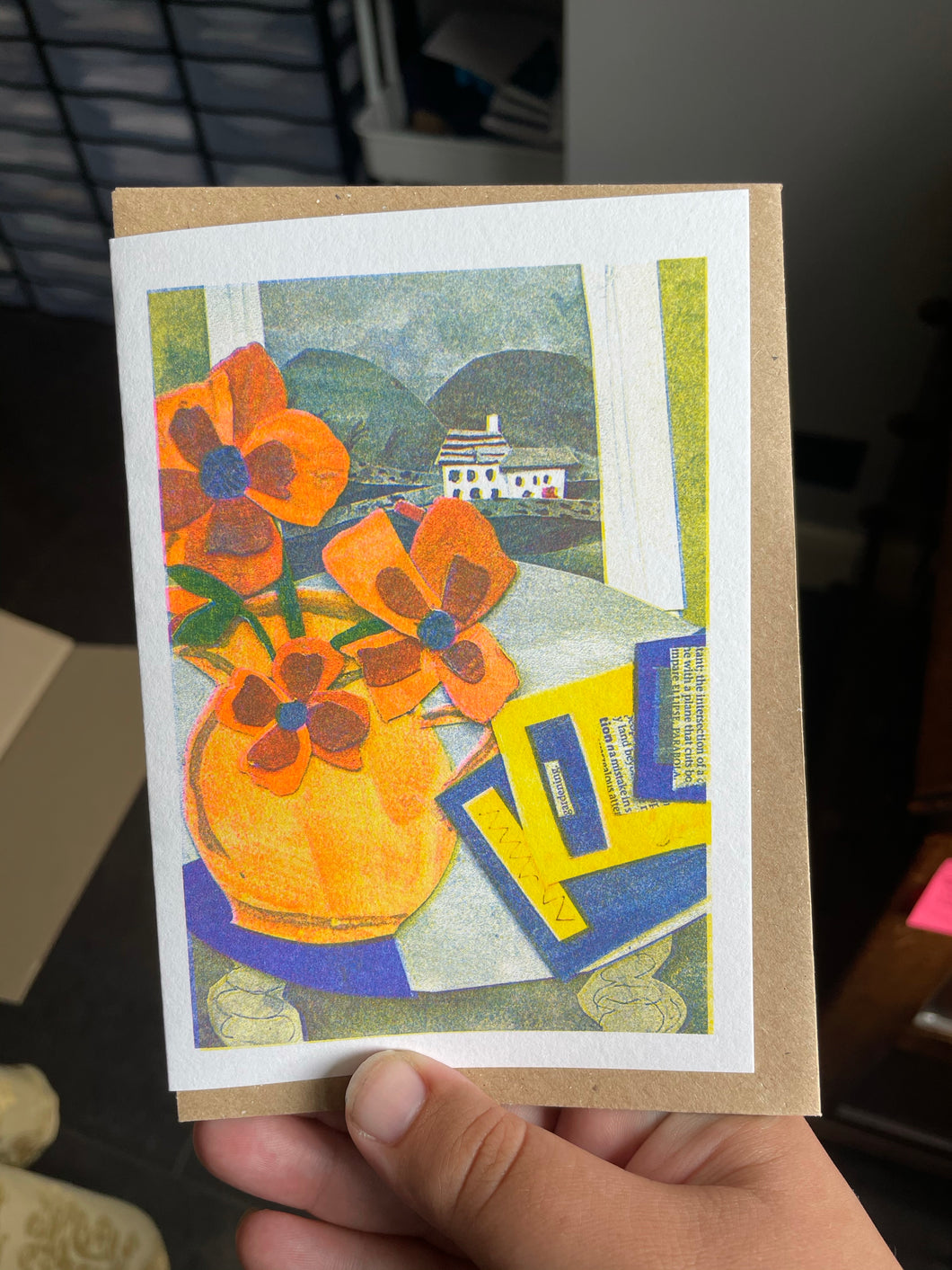 Poppies with a view over the hills collage Risograph Greetings Card A6