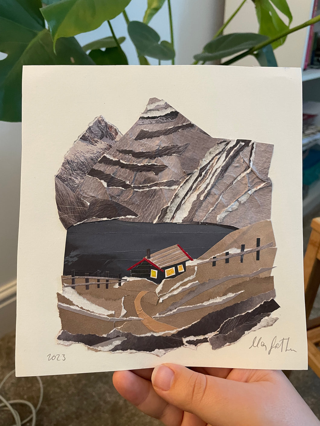 Mountains and House by Lake Collage Print 21cm x 21cm