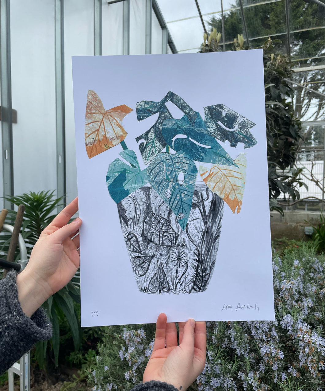 Glasshouse and Monstera Collage Artist Glicee Print A4/A3