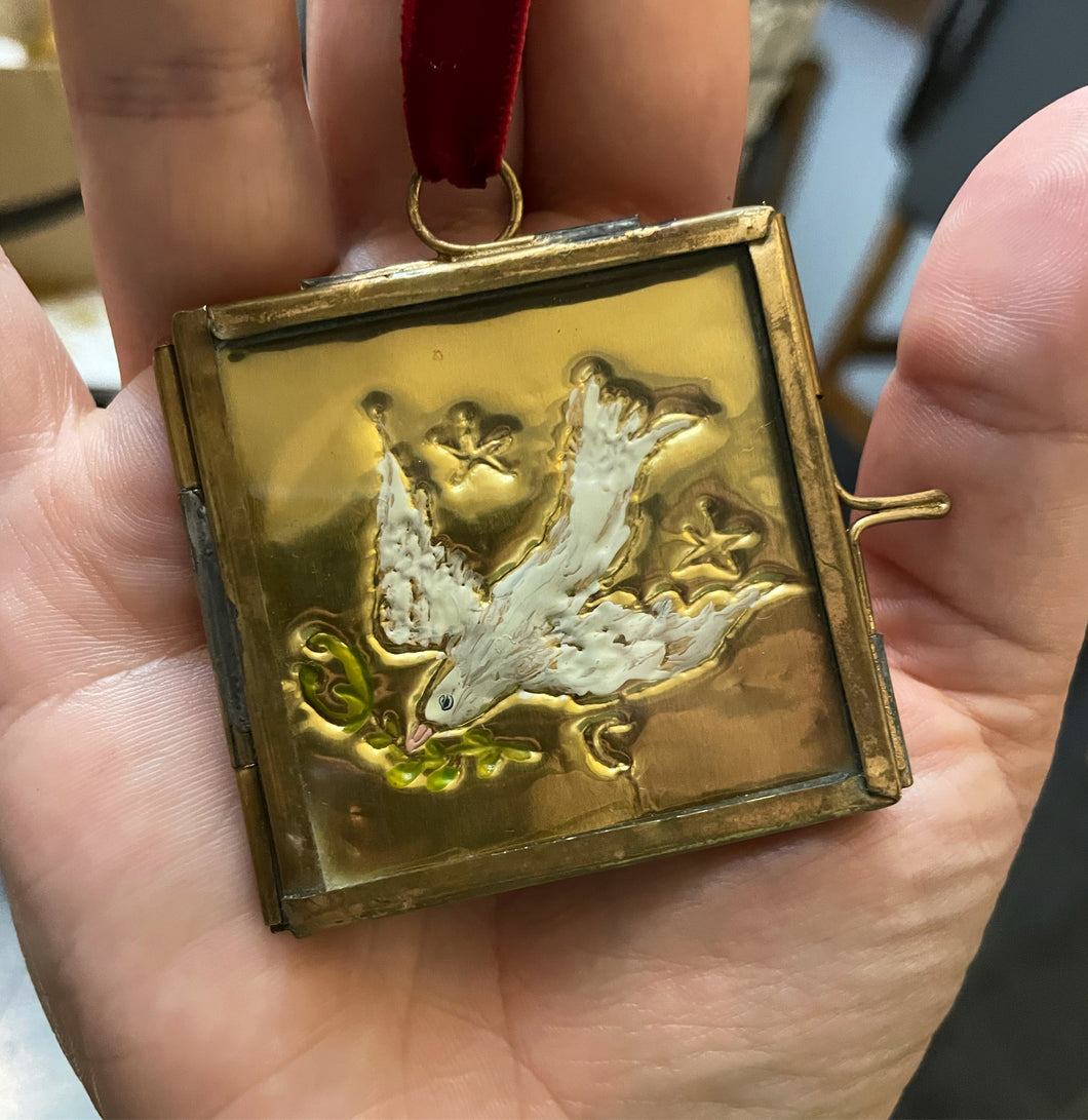 Embossed Tin Dove with Handpainted enamel detail 5cm x 5cm in brass frame